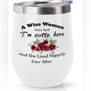 Ladies retirement gift wine/drink cup with stainless straw & brush & heart decor